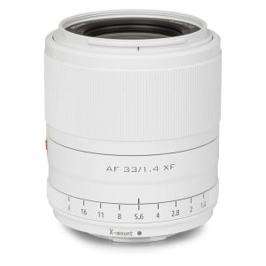 Viltrox AF 33mm f/1.4, Fuji X (Limited Edition White) is a white X-mount lens with a ribbed focus ring, clear aperture markings and a sleek modern finish - designed for Fujifilm cameras.