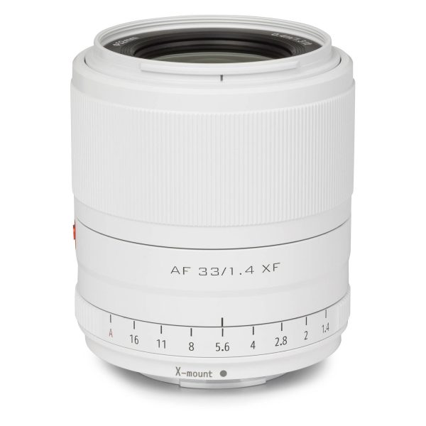 Viltrox AF 33mm f/1.4, Fuji X (Limited Edition White) is a white X-mount lens with a ribbed focus ring, clear aperture markings and a sleek modern finish - designed for Fujifilm cameras.