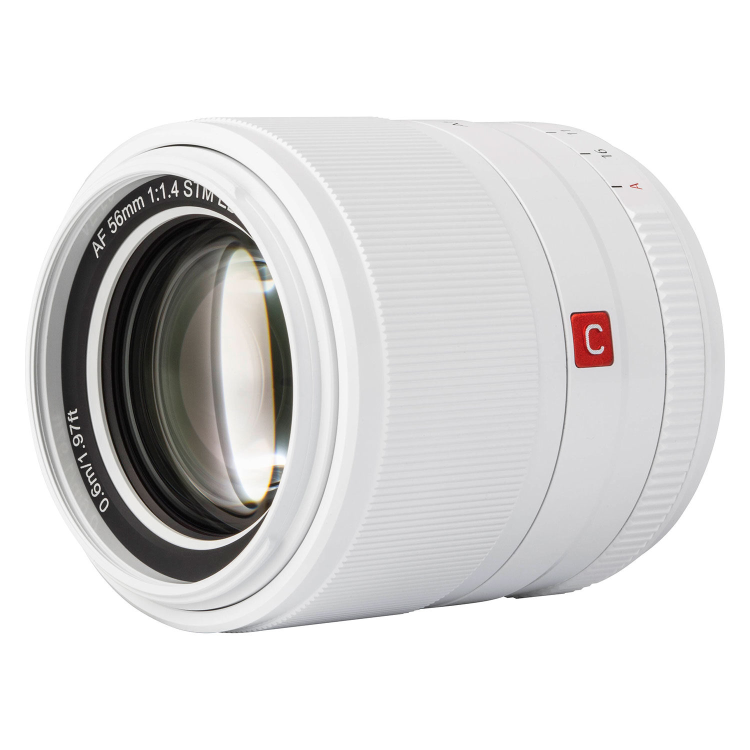 Viltrox AF 56mm f/1.4, Fuji X (Limited Edition White) is a white lens with a large front element, AF 56mm 1:1.4 STM ED, red C marking, textured focus rings and metal mount.
