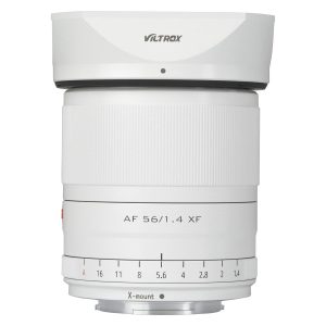 The Viltrox AF 56mm f/1.4, Fuji X (Limited Edition White) features a red and black numbered ribbed focus ring and aperture control dial against a white background with X-mount markings.