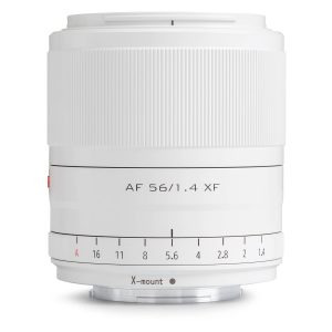 The Viltrox AF 56mm f/1.4 lens, Fuji X (Limited Edition White), with aperture markings 1.4-16 and X-mount text on the bottom, is photographed on a plain white background.