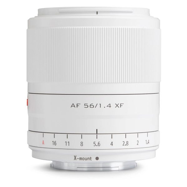 The Viltrox AF 56mm f/1.4 lens, Fuji X (Limited Edition White), with aperture markings 1.4-16 and X-mount text on the bottom, is photographed on a plain white background.