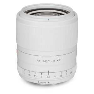 Viltrox AF 56mm f/1.4 lens, Fuji X (Limited Edition White) with X-mount, textured focus ring near the top, "AF 56/1.4 XF" marked on the side and aperture values 1.4-16 visible.