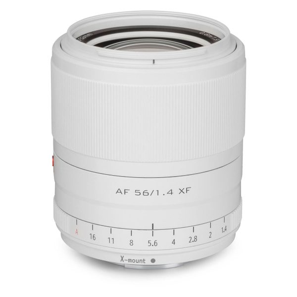 Viltrox AF 56mm f/1.4 lens, Fuji X (Limited Edition White) with X-mount, textured focus ring near the top, "AF 56/1.4 XF" marked on the side and aperture values 1.4-16 visible.
