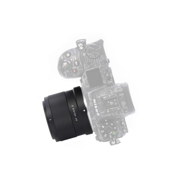 The black Viltrox AF 40mm f/2.5 lens for Nikon Z is attached to the semi-transparent outline of the Nikon camera body with a white background.