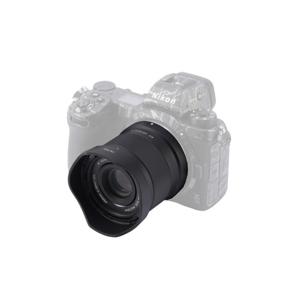 The Viltrox AF 40mm f/2.5 lens with backlight protection is mounted on the semi-transparent Nikon Z7 camera body, isolated on a white background.
