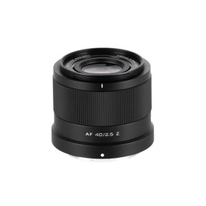 The black Viltrox AF 40mm f/2.5 lens for Nikon Z stands upright on a white base, with textured rings and a smooth metallic finish near the base.