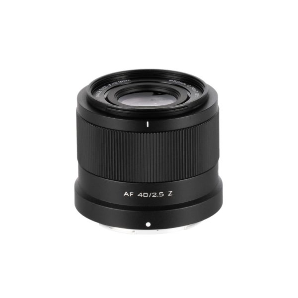The black Viltrox AF 40mm f/2.5 lens for Nikon Z stands upright on a white base, with textured rings and a smooth metallic finish near the base.