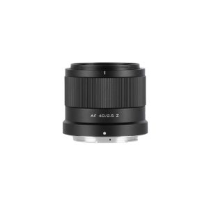 The black Viltrox AF 40mm f/2.5 lens for Nikon Z stands upright, with the label visible on the front, and is set against a white background.