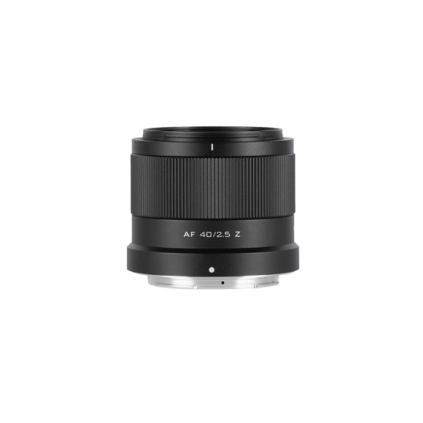 The black Viltrox AF 40mm f/2.5 lens for Nikon Z stands upright, with the label visible on the front, and is set against a white background.