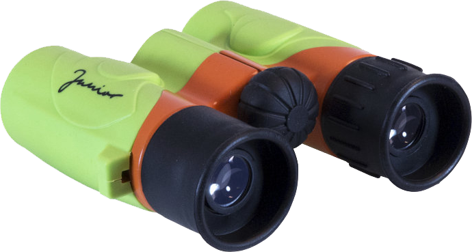 Focus Junior 6x21 Green/Orange -kiikarissa on värikkäät vihreät ja oranssit korostukset, mustat okulaarit, keskeinen tarkennuspyörä ja "Junior" kyljessä, mikä osoittaa, että ne on suunniteltu lapsille.