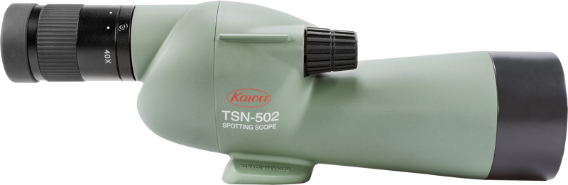 KOWA Spottingscope TSN-502 20-40x50 -kaukoputki vihreänä, jossa on musta 40x okulaari ja tarkennusnuppi, kuvassa valkoista taustaa vasten.