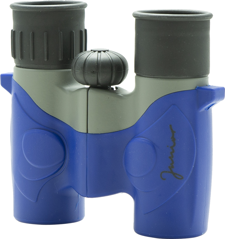 Focus Junior 6x21 Blue/Grey -kiikari on sininen ja harmaa lelukiikari, jossa on suuret okulaarit, keskellä oleva tarkennusnuppi ja allekirjoitus oikealla puolella.