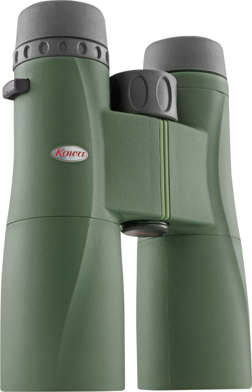 KOWA SV II 8X42 -kiikarikiikarissa on keskitarkennuksen nuppi ja kuvioitu kahva, jotka näkyvät pystyasennossa vaalealla pohjalla.