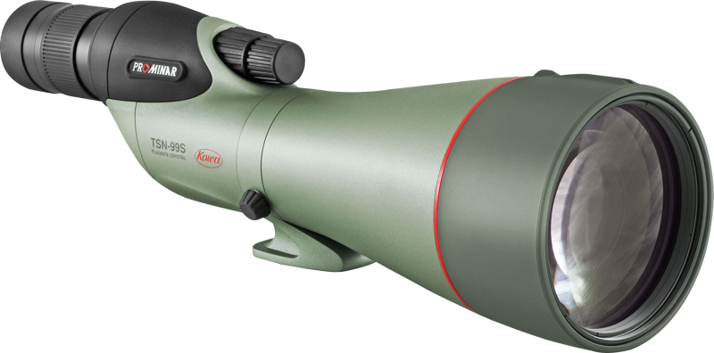 KOWA Spottingscope TSN-99S PROMINAR 30-70xW zoom -kaukoputki on vihreä, kulmikas kaukoputki, jossa on suuri linssi ja tarkennusnuppi, ihanteellinen kaukoputkiin ja lintujen tarkkailuun.