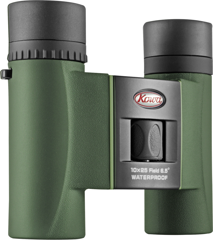 KOWA SV II 10X25 -kiikarikiikareissa, jotka ovat vihreitä ja mustia ja joissa on kuvioidut kahvat, on merkintä "10x25 Field 6.5° WATERPROOF", ja ne on kuvattu etupuolelta tavallista taustaa vasten.