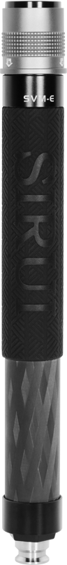 Close-up of a black and silver patterned cylindrical Sirui extension tube with a quick release carbon fibre with SIRUI and SVT-6 on the handle, probably part of the camera support.
