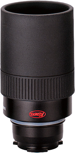 KOWA Eyepiece for TSN-600/660/82SV 25x LER on musta linssi, jossa on kuvioitu kahva ja punainen logo lähellä pohjaa, kuvassa pystyssä valkoista taustaa vasten.