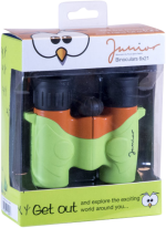 800q-02_106029 Focus Junior 6x21 Green/Orange -kiikarilaatikko, jossa on lapsiystävällinen vihreä ja oranssi muotoilu. Pakkauksessa on sarjakuvasilmät ja siinä lukee: "Lähde ulos ja tutki jännittävää maailmaa ympärilläsi.