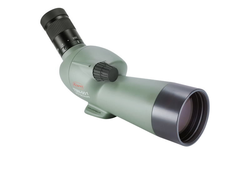 KOWA Spottingscope TSN-501 20-40x -kaukoputki on vihreällä kulmakaukoputki, jossa on musta okulaari ja säätönuppi valkoisella pohjalla.