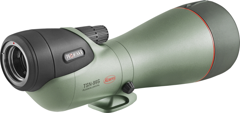 KOWA Spottingscope TSN-99S PROMINAR Straight -kaukoputki on vihreä tähtäinlasi, jossa on musta okulaari ja säätönuppi, punainen korostus suuren etulinssin lähellä ja jossa on merkinnät PROMINAR ja TSN-99S.