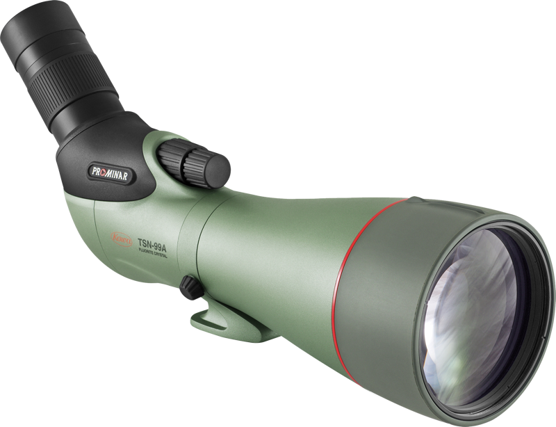 800q-02_117209 KOWA Spottingscope TSN-99A PROMINAR 30-70xW zoom on vihreä kulmakaukoputki, jossa on suuri objektiivi, säädettävä okulaari ja TSN-99A PROMINAR -brändi sivulla.