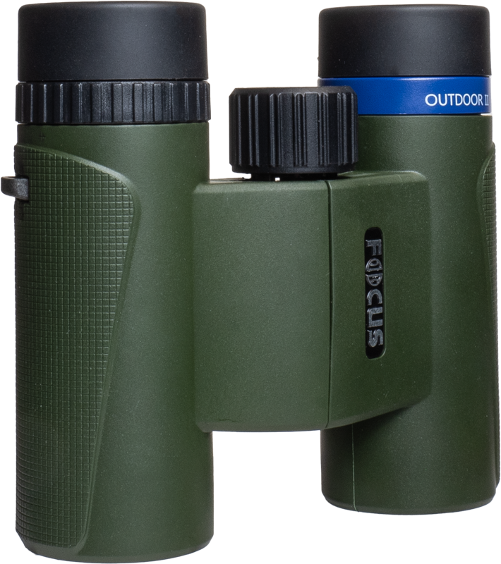 The Focus Outdoor II 8x25 binoculars feature a green and black body, textured grip, central focusing wheel and a blue OUTDOOR II ring on one barrel, shown against a white background.