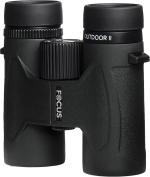 The Focus Outdoor II 8x32 binoculars in black with textured handles and a central focusing wheel are featured on a white background.