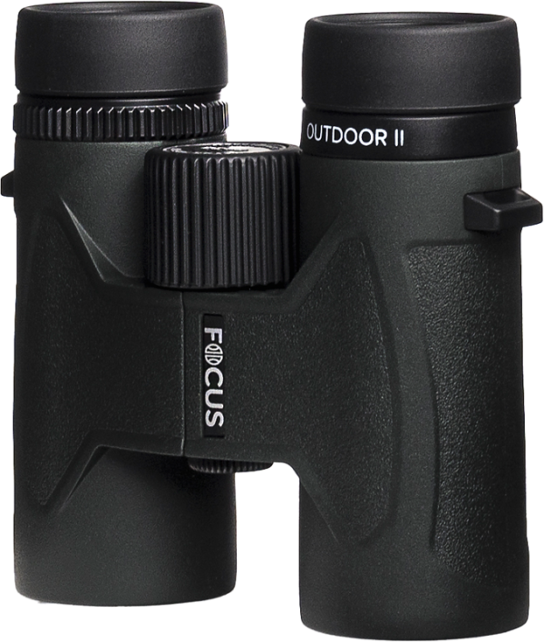 The Focus Outdoor II 8x32 binoculars in black with textured handles and a central focusing wheel are featured on a white background.