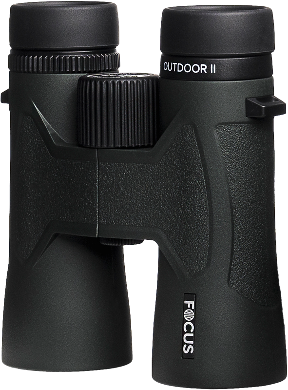 The Focus Outdoor II 8x42 binoculars, with black textured handles and a large central focusing wheel, stand upright against a plain background.