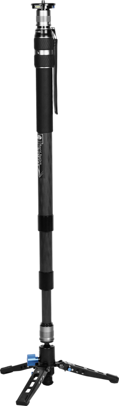 The Sirui SVM-145 Rapid System Monopod in black and silver has a padded handle, adjustable footrests and a compact folding tripod, shown upright against a light background.