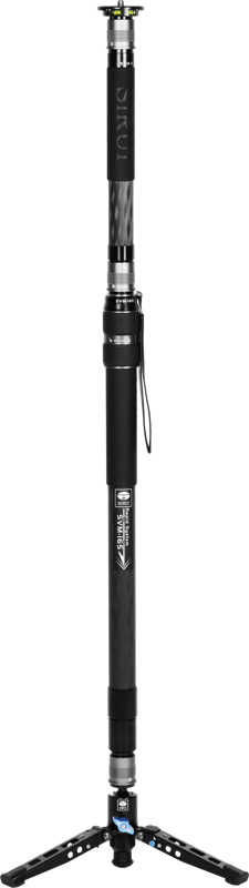 Sirui SVM-165 Rapid System Monopod, black and silver, foam grip handle, wrist strap and folding tripod legs at the bottom, stands upright against a white background.