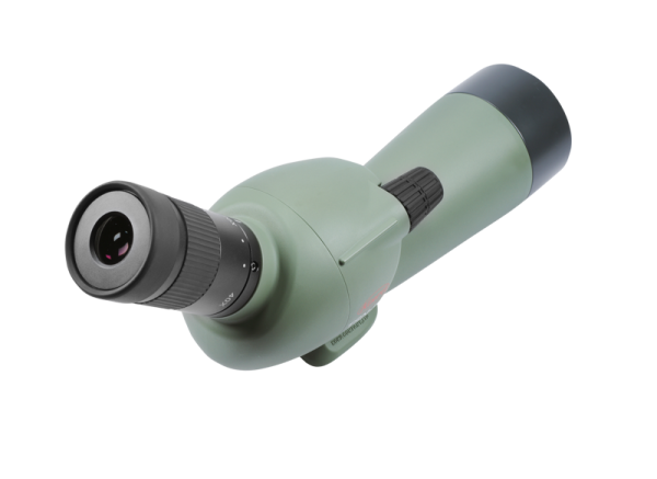 KOWA Spottingscope TSN-501 20-40x -kaukoputki, vihreä ja musta, jossa on ulkohavainnointiin suunniteltu kulmikas okulaari, on kuvassa valkoista taustaa vasten.