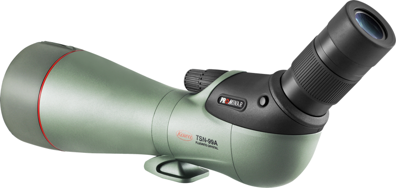 800q-03_117209 KOWA Spottingscope TSN-99A PROMINAR 30-70xW -zoomissa on vihreä ja musta kulmamalli, suuri objektiivi, säädettävä okulaari ja jalustakiinnitysjalka.