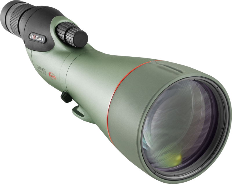 800q-03_117210 Vihreässä KOWA Spottingscope TSN-99S PROMINAR 30-70xW:ssä on suuri objektiivi, kulmikas okulaari ja säätönupit, jotka on suunniteltu ulkotarkkailuun.