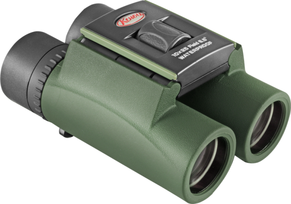 KOWA SV II 10X25 -kiikarikiikarissa on vihreät ja mustat kuvioidut kahvat, "10x25 Field 6.5° Waterproof" -merkintä, näkyvä säätönuppi ja kirkkaat linssit. "Kuwfi"-logo näkyy yläreunassa.