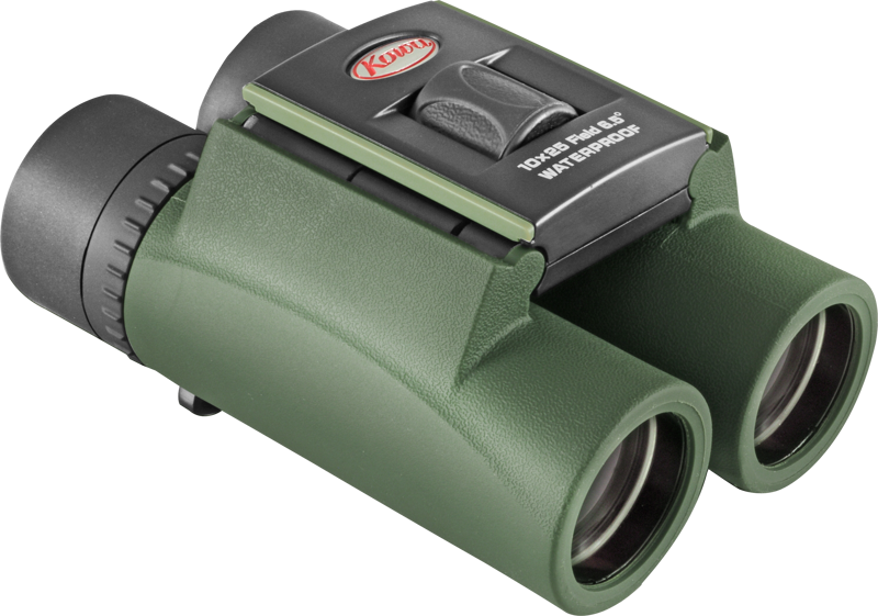KOWA SV II 10X25 -kiikarikiikarissa on vihreät ja mustat kuvioidut kahvat, "10x25 Field 6.5° Waterproof" -merkintä, näkyvä säätönuppi ja kirkkaat linssit. "Kuwfi"-logo näkyy yläreunassa.