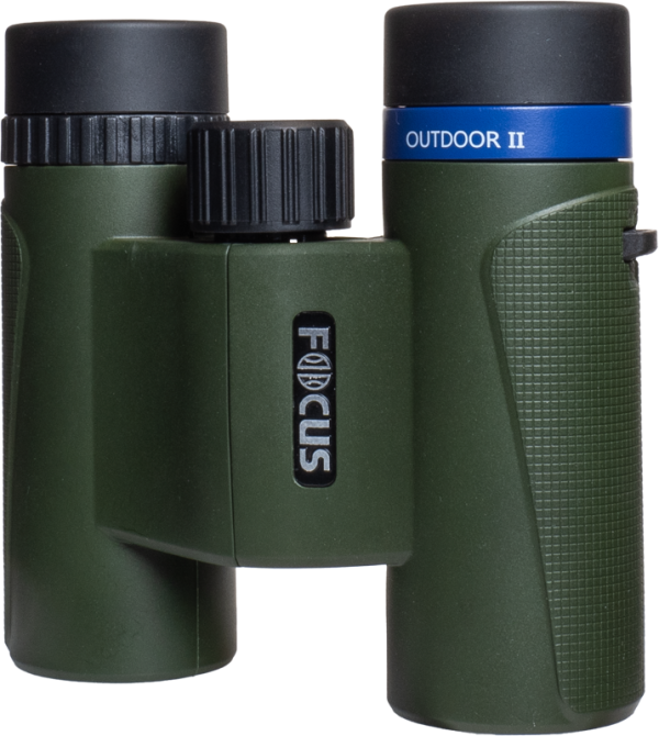 Green and black Focus Outdoor II 8x25 binoculars with blue OUTDOOR II band near the eyepiece against a white background.