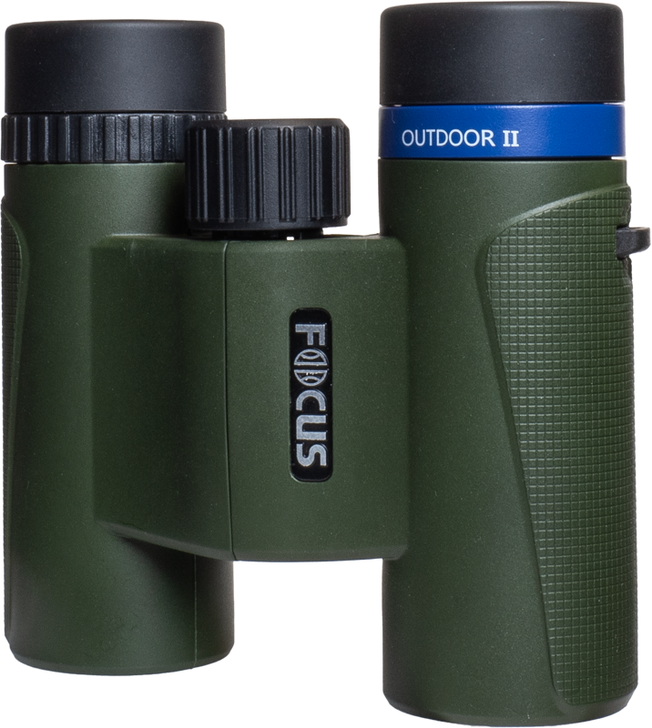 Green and black Focus Outdoor II 8x25 binoculars with blue OUTDOOR II band near the eyepiece against a white background.
