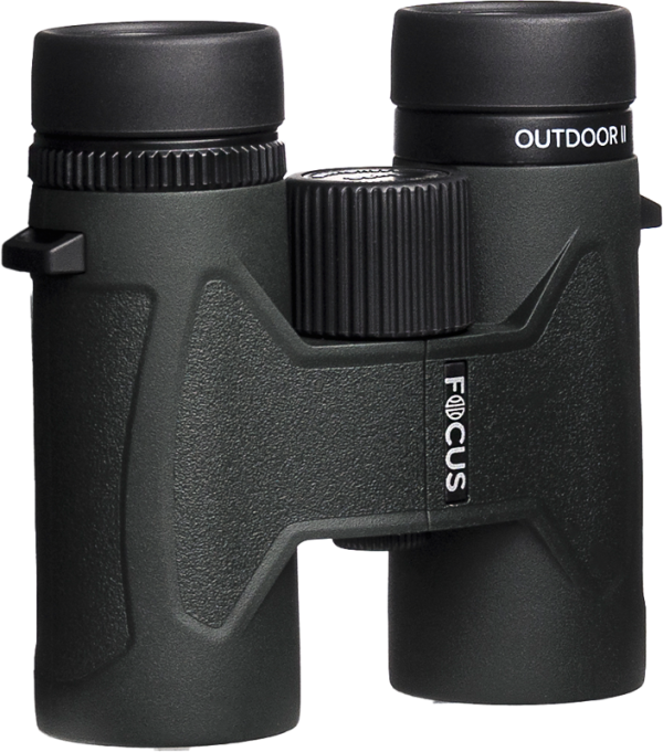 Black Focus Outdoor II 8x32 binoculars with textured handles and a central focusing wheel.