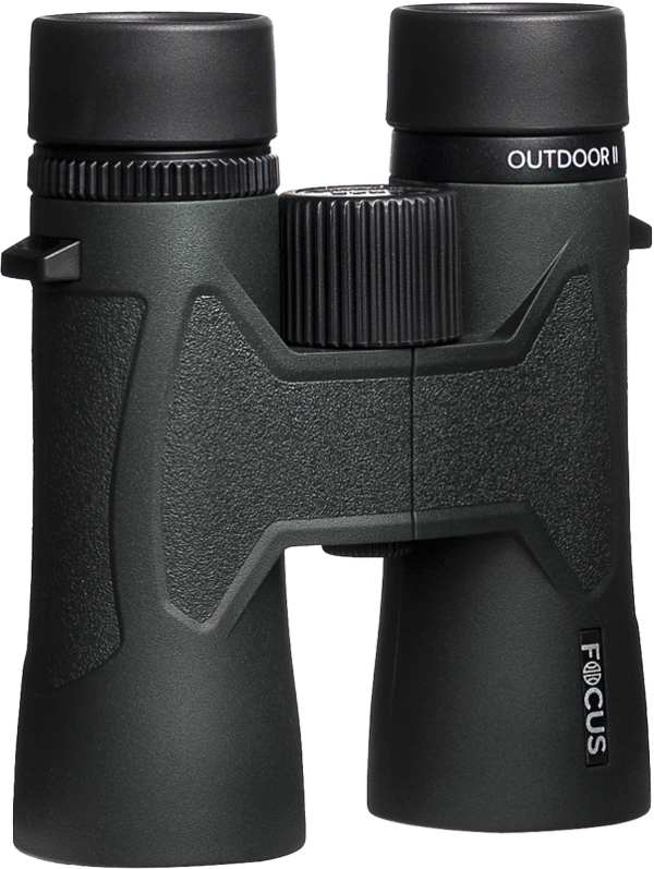 The Focus Outdoor II 8x42 binoculars with textured handles and central focusing wheel stand upright against a white background.