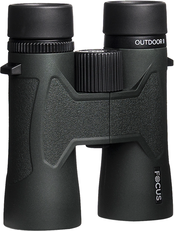The Focus Outdoor II 8x42 binoculars with textured handles and central focusing wheel stand upright against a white background.