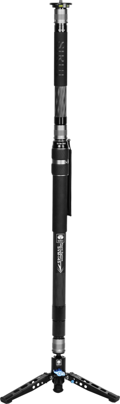 The Sirui SVM-145 Rapid System Monopod, with multiple adjustable sections, foam handle, wrist strap and three folding legs for stability, stands upright against a standard background.