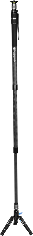 The Sirui SVM-165 Rapid System Monopod is a black carbon fibre monopod with a handle, adjustable parts and a small tripod base with three folding legs at the bottom.