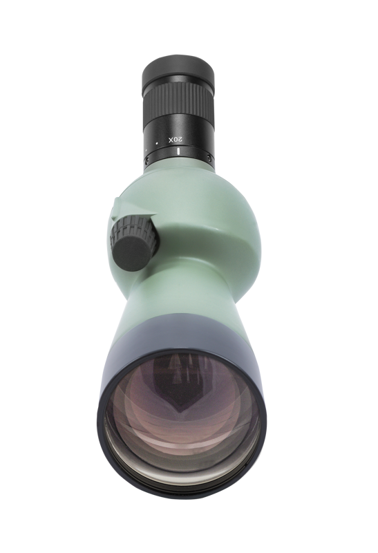 KOWA Spottingscope TSN-501 20-40x kaukoputki, vihreä, etupuolelta, jossa on suuri linssi ja musta okulaari valkoista taustaa vasten.