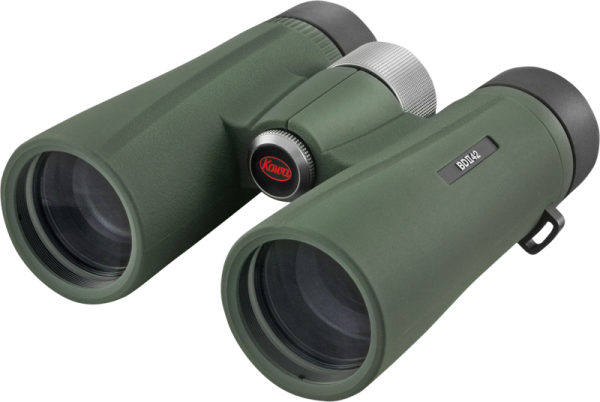 Vihreä KOWA BDII-XD 8X42 WA -kiikari, jossa on mustat okulaarit ja hopeinen tarkennuspyörä, istuu vaaleanharmaalla taustalla. Sivumerkinnässä lukee "8x42.