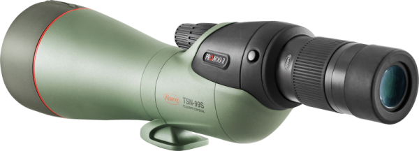 800q-04_117210 Vihreä ja musta kulmikas KOWA Spottingscope TSN-99S PROMINAR 30-70xW zoom, jossa on suuri objektiivi, kuvioitu tarkennusnuppi ja säädettävä okulaari.