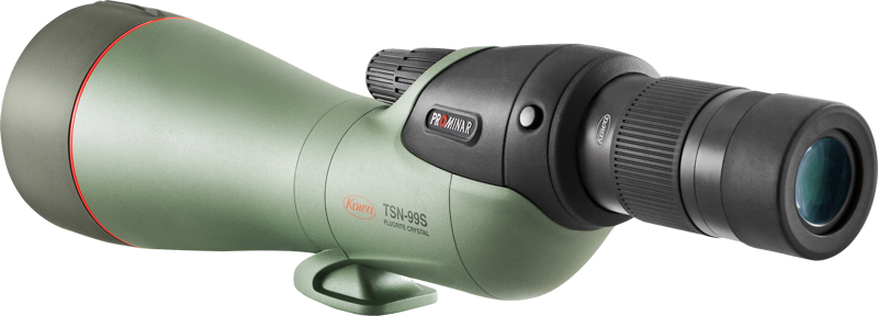 800q-04_117210 Vihreä ja musta kulmikas KOWA Spottingscope TSN-99S PROMINAR 30-70xW zoom, jossa on suuri objektiivi, kuvioitu tarkennusnuppi ja säädettävä okulaari.