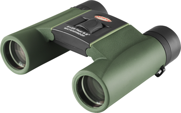 800q-04_117432 KOWA SV II 8X25 -kiikarit ovat vihreät, vedenpitävät ja merkinnällä "Rugged" varustetut, ja niissä on kuvioidut kahvat, kaksi suurta linssiä ja musta keskimmäinen tarkennusnuppi.