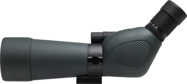 Focus Outdoor 20-60x60 + WF3950 kolmijalka -kiikarin sivukuva lähikuvasta, jossa on kuvioitu kahva ja tarkennuksen säätönupit valkoista taustaa vasten.